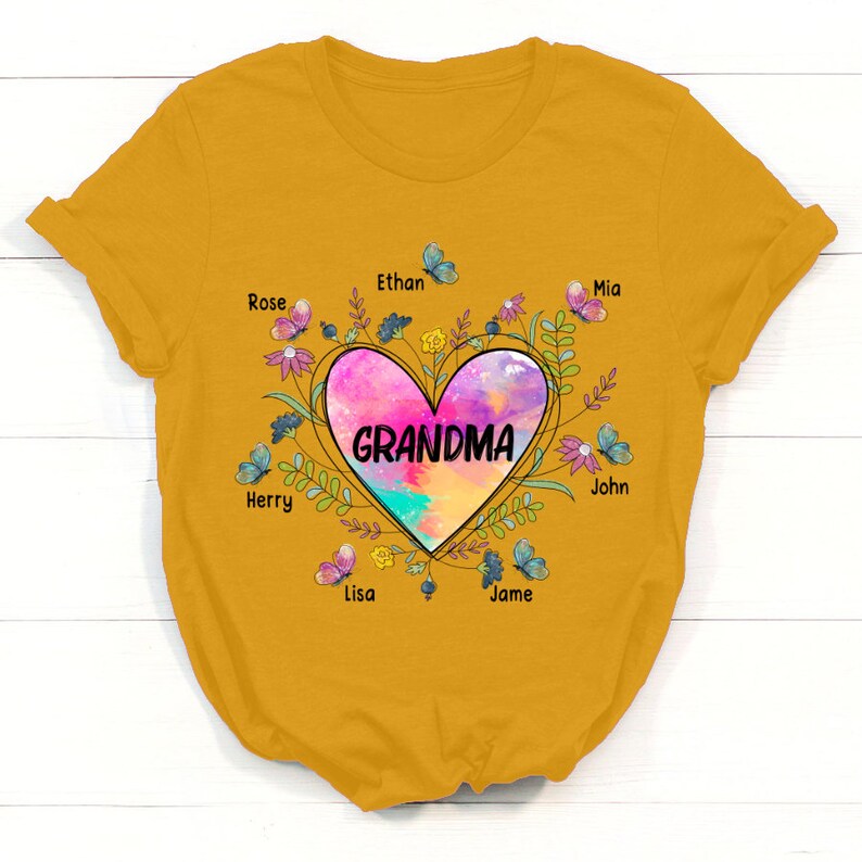 Personalized Grandma Shirt, Heart With Grandkids Flower Shirt