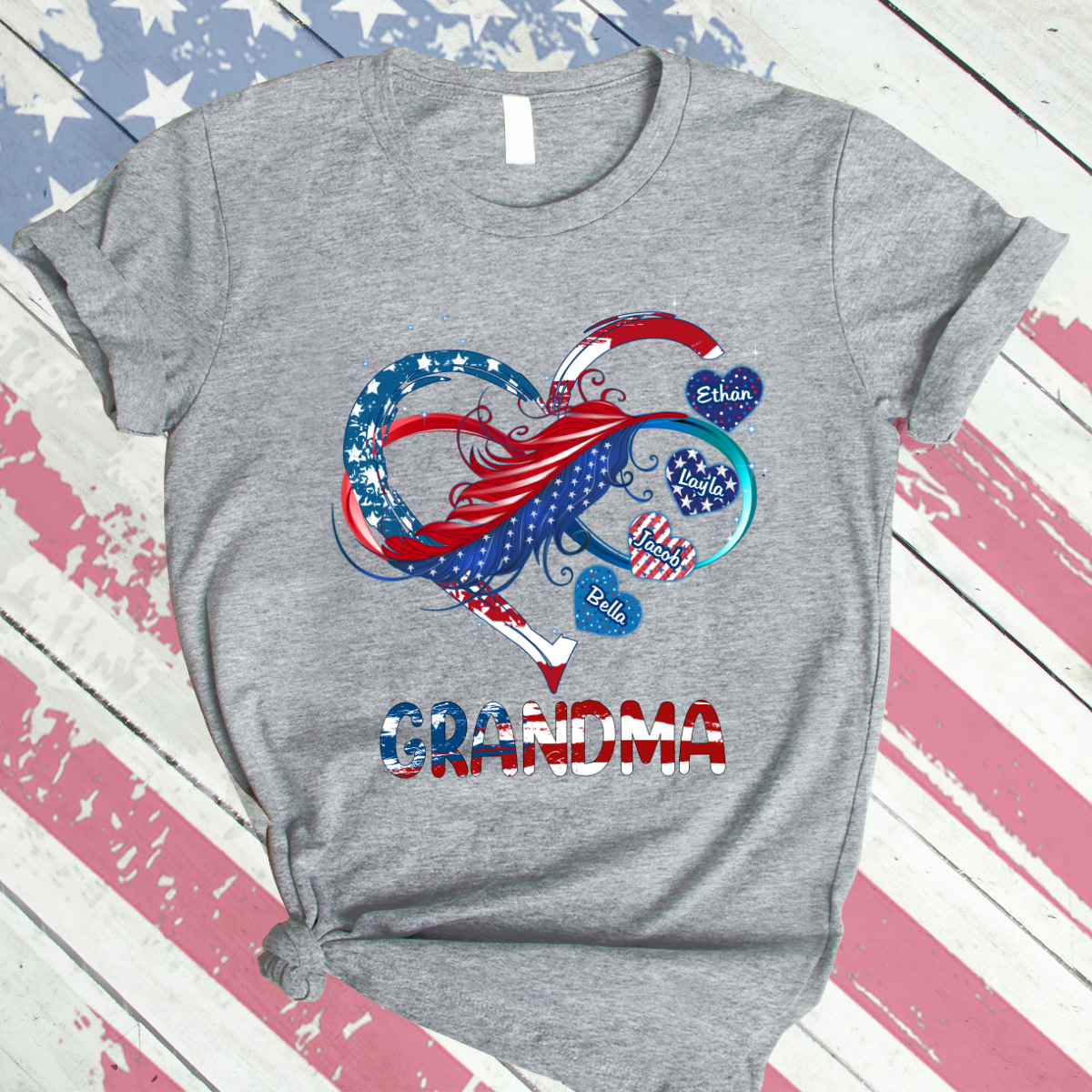 Grandma And Grandkids Hearts American Flag T-Shirt