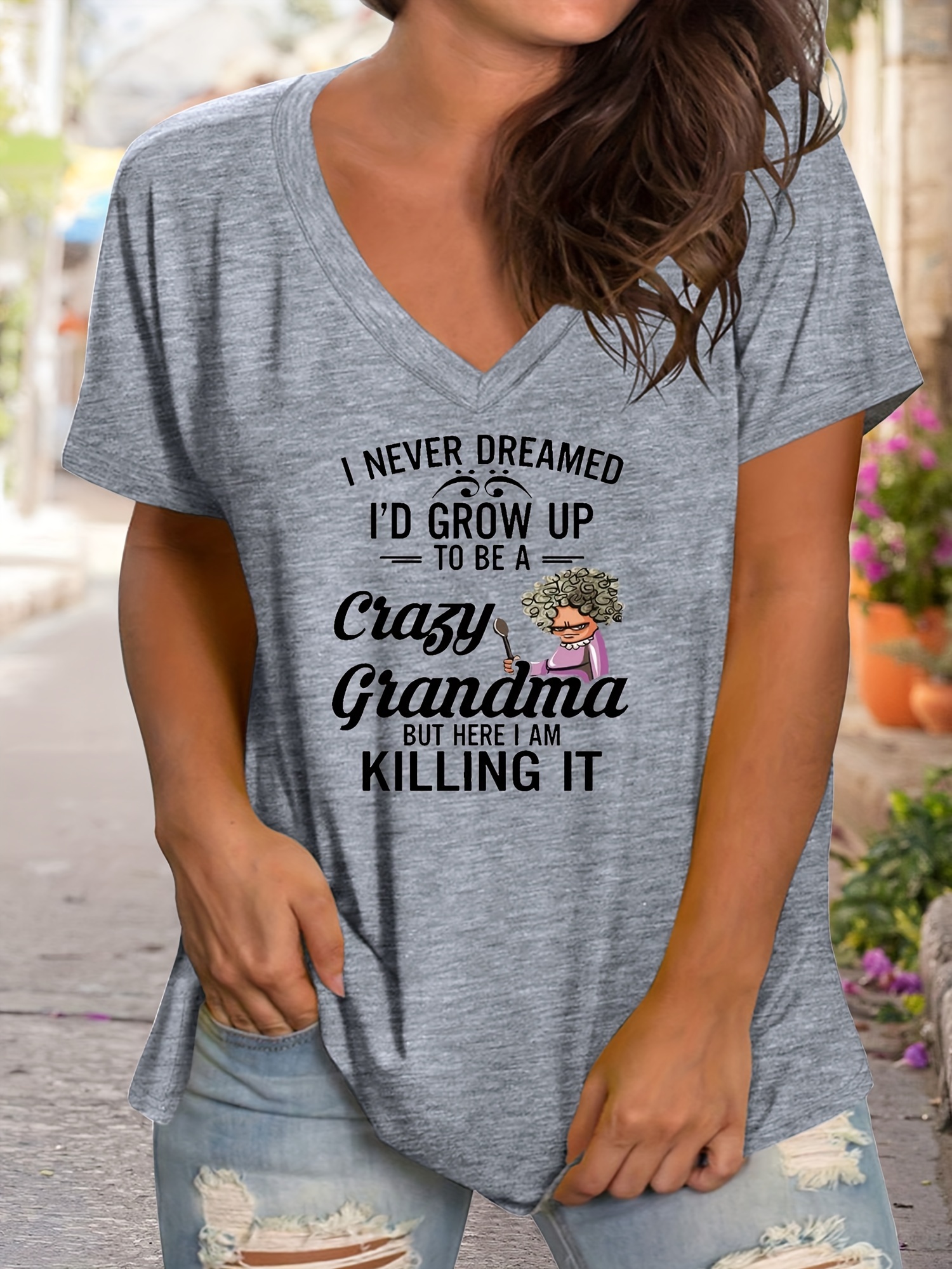 Plus Size Casual T-shirt, Women's Plus Cartoon Figure & Letter Print Short Sleeve V Neck Slight Stretch T-shirt