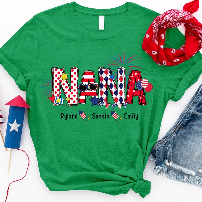 Personalized Nana T Shirt, Custom Grandma Shirt with Kids names shirt, Patriotic 4th of July Firecrackers Tee Shirt for Independence Day