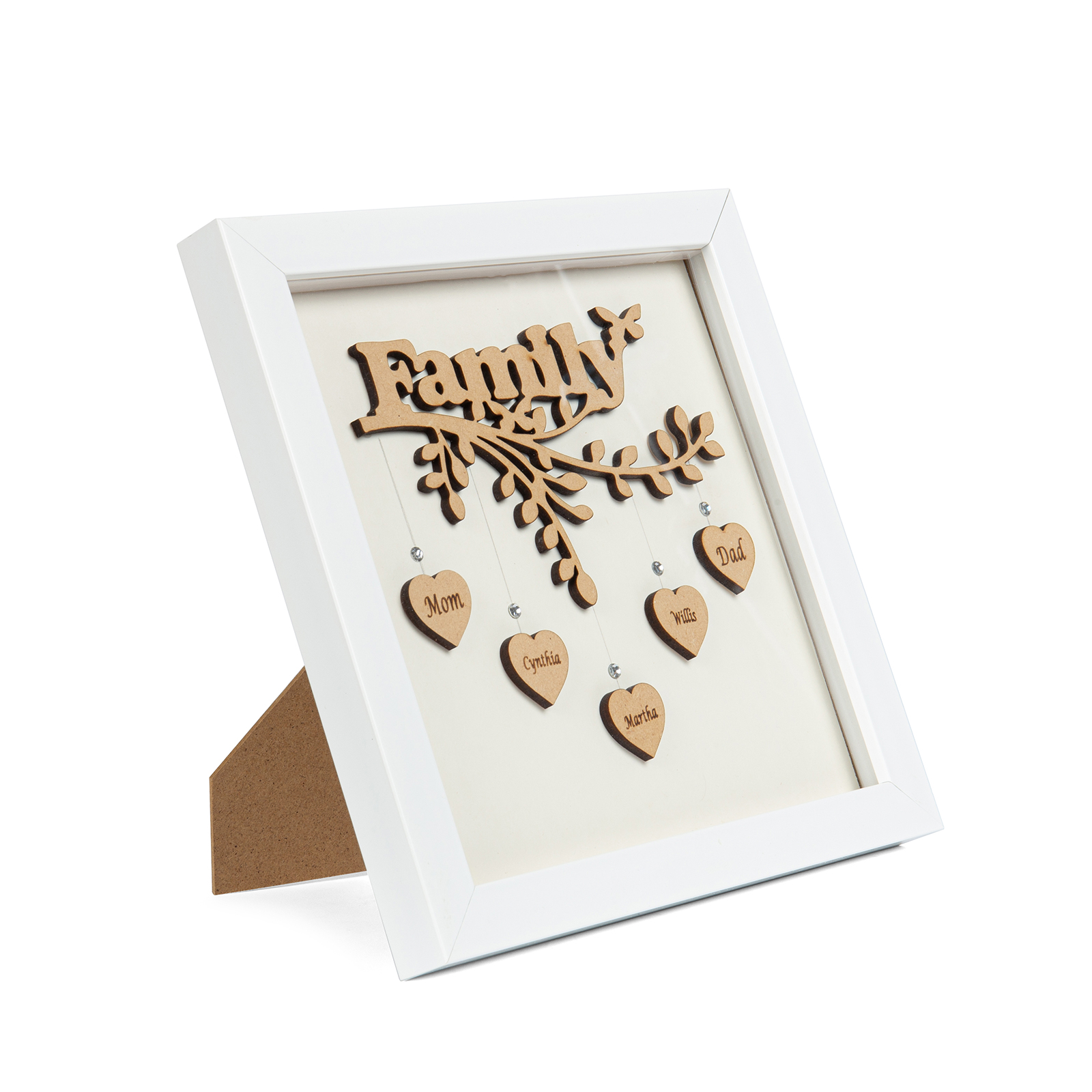 2 Names Personalised Family Tree Wood Frame Engraved on the "Hearts"