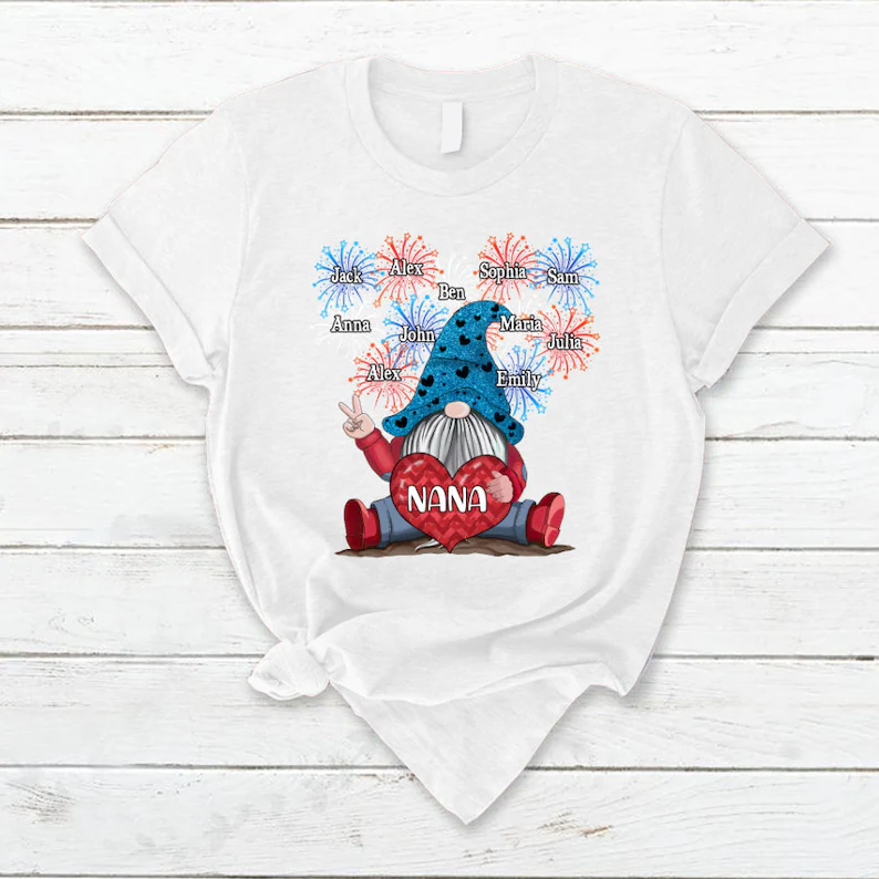 Personalized Grandma Nana Shirt Gnomes Firework Happy Independence Day T-Shirt, Nana Gnomes Tee for 4th of July up to 20 kids