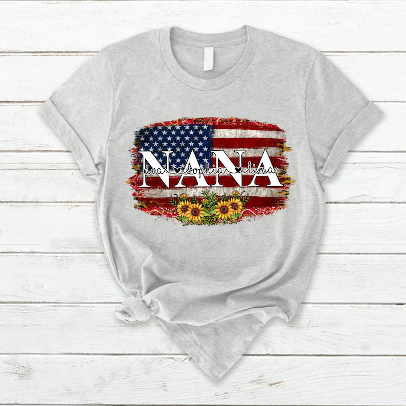 Personalized Vintage Nana Tshirt America Grandma 4th of July Shirt, America Lover Grandma with Custom Grandkid Independence Day, Custom Tee