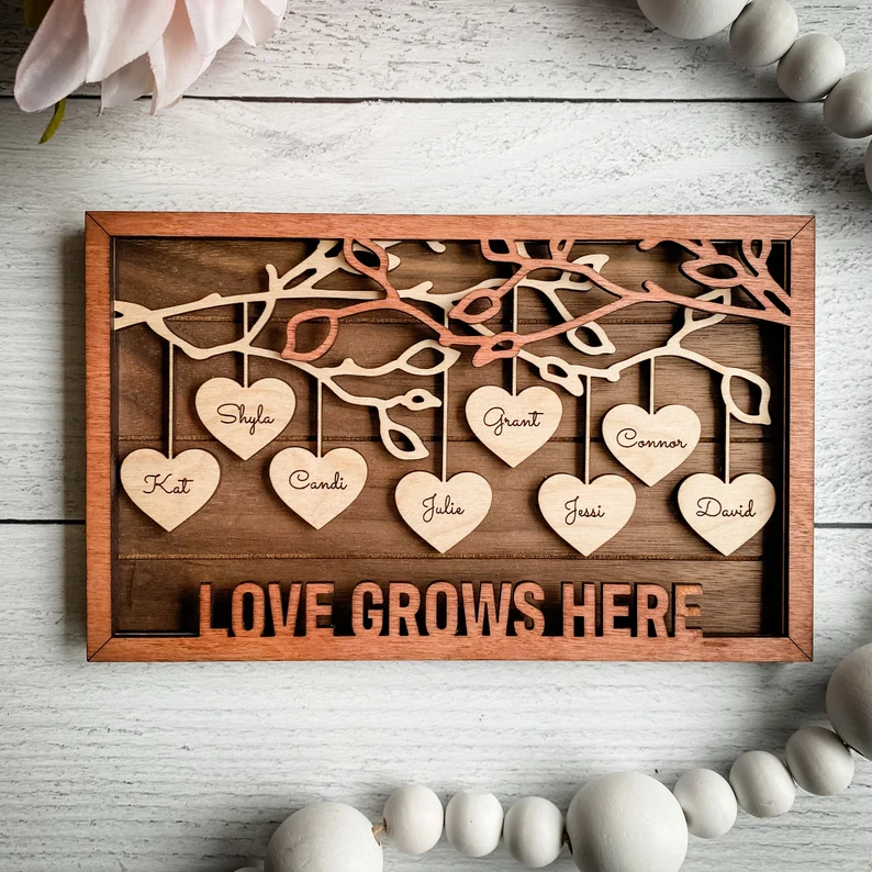 9 Names Family Tree Framed Sign Custom Wood Family Tree Sign - Hanging Hearts Family Tree