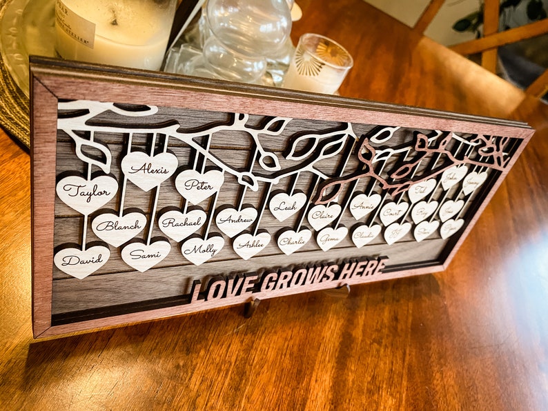 9 Names Family Tree Framed Sign Custom Wood Family Tree Sign - Hanging Hearts Family Tree