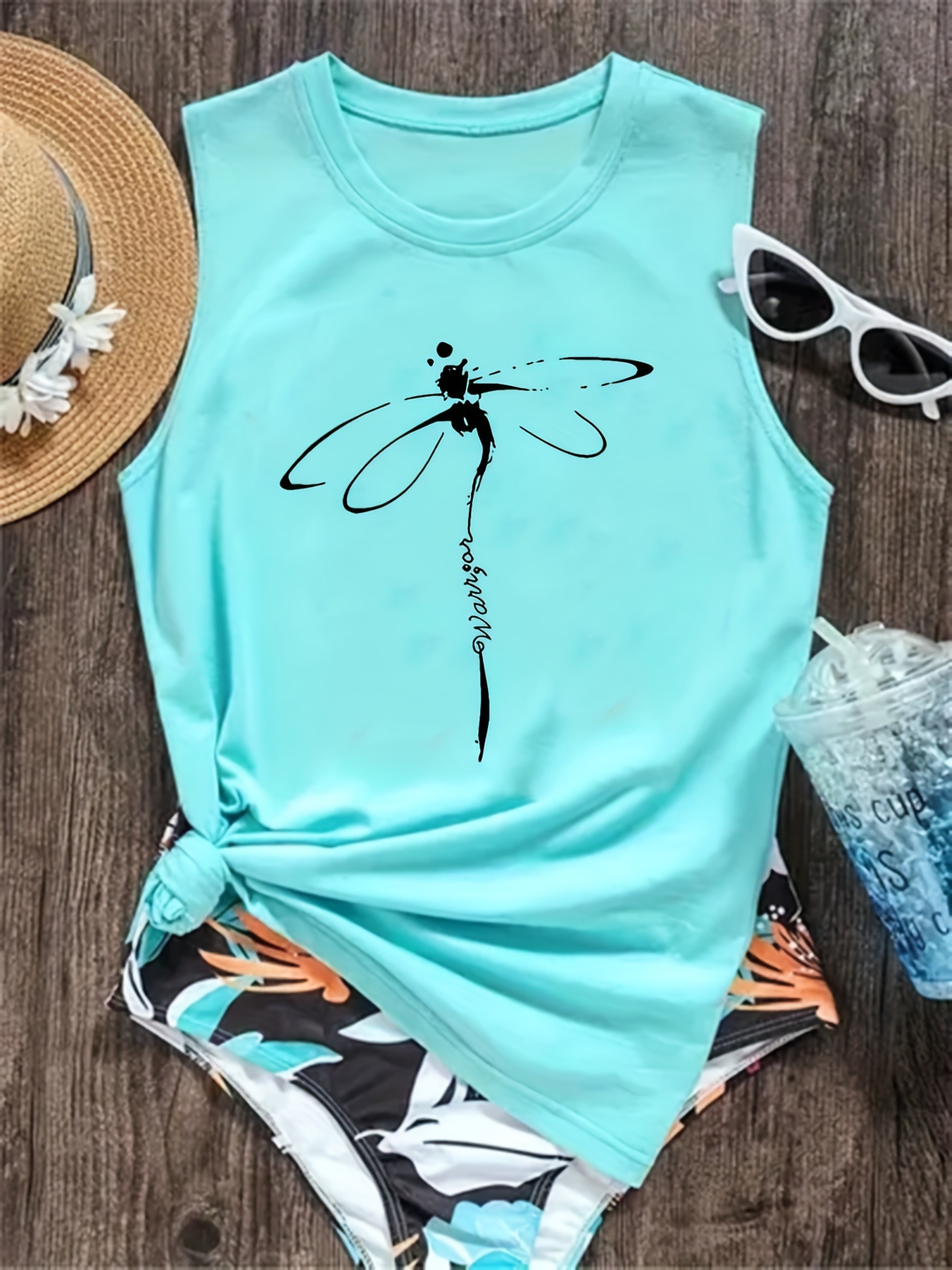 Dragonfly Print Tank Top, Casual Crew Neck Sleeveless Summer Tank Top, Women's Clothing