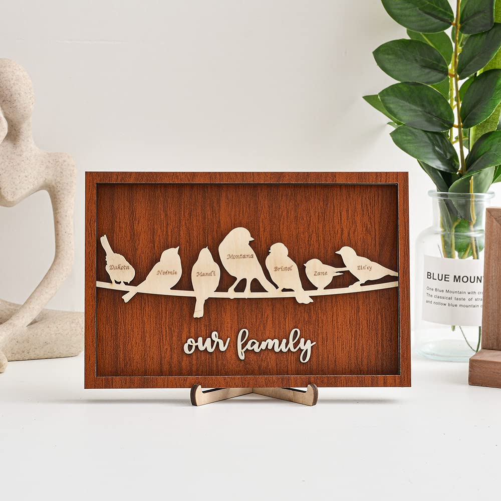 2 Names Personalized Family Tree Frame Wood Frame 2 Family Members Custom Text Bird Family Art Wooden Decor