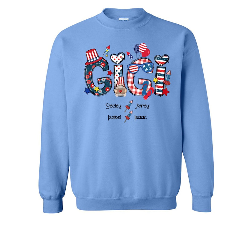 Personalized Gigi Shirt, Custom Gigi Sweatshirt with grandchild names, USA Gigi 4th of july Shirt Patriotic Doodles Pattern Version Tshirt