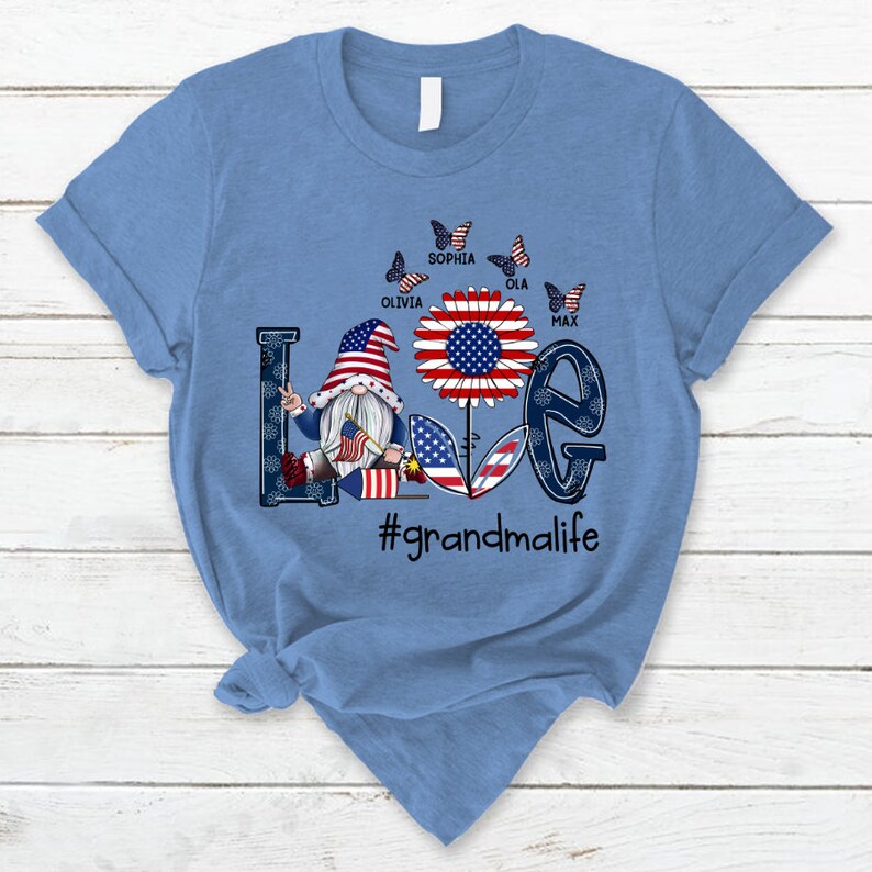 Personalized Grandma Shirt, Custom Love Grandma Life Gnomes with Kid names, Grandma 4th of july Shirt Gnomes Version Tshirt, USA Gnomes Tee