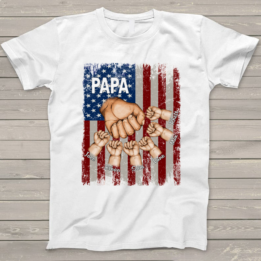 Personalized Papa Grandkids Hands Flag T-Shirt