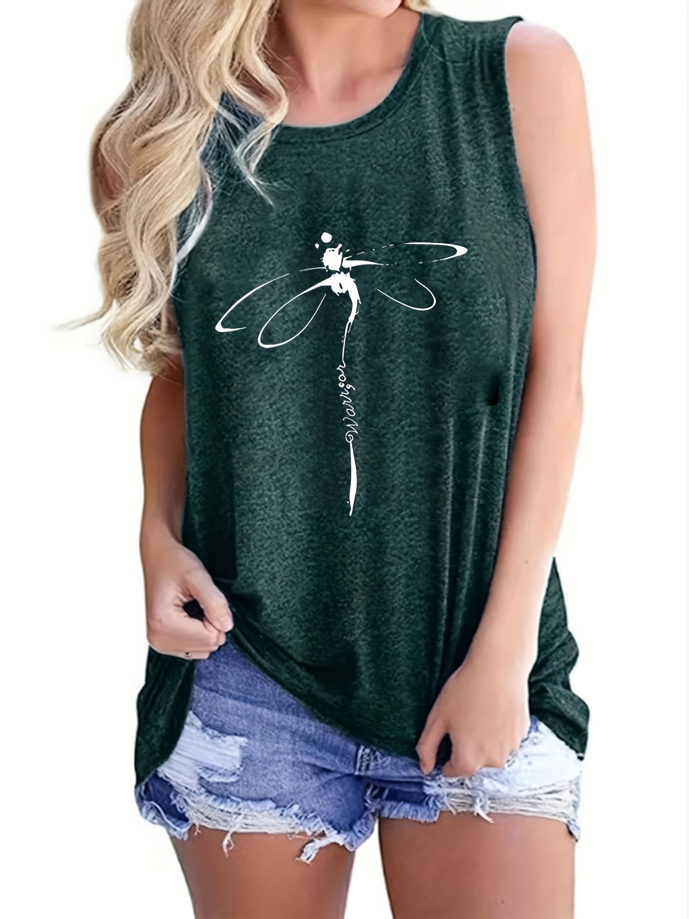 Dragonfly Print Tank Top, Casual Crew Neck Sleeveless Summer Tank Top, Women's Clothing