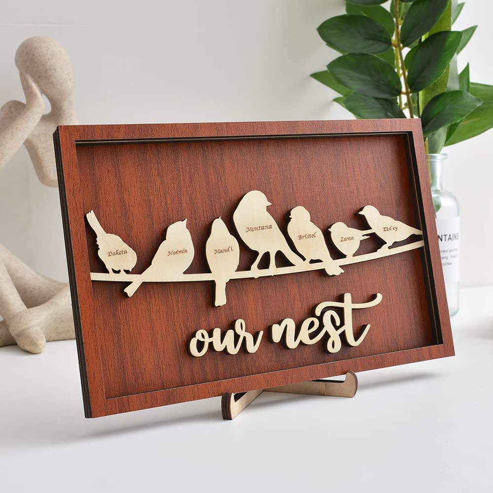 2 Names Personalized Family Tree Frame Wood Frame 2 Family Members Custom Text Bird Family Art Wooden Decor
