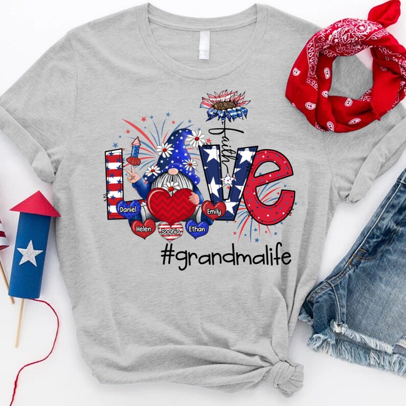 Personalized Grandma Shirt, Custom Gnomes Love Grandma Life Gnomes with Kid names, Grandma 4th of july Shirt Gnomes Tshirt, USA Gnomes Tee