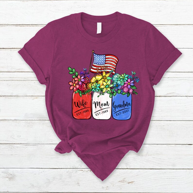Personalized Grandma Shirt, 4th of july shirt for mother-in-law, America Flag and Rainbow Floral Peace Wife Est Mom Est Grandma Est T-Shirt