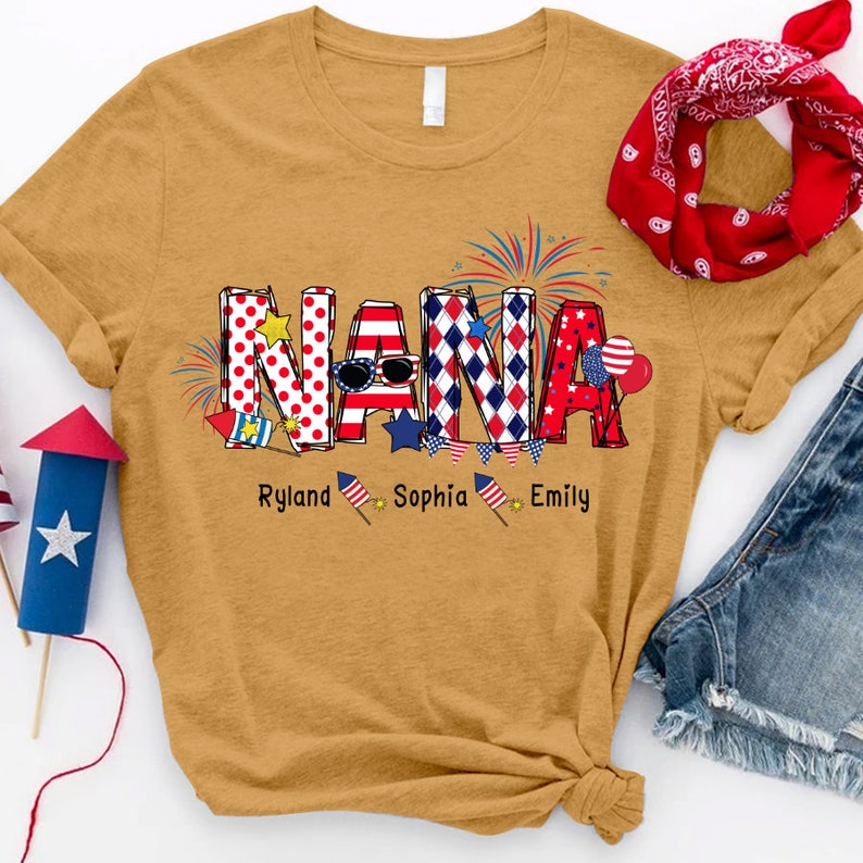 Personalized Nana T Shirt, Custom Grandma Shirt with Kids names shirt, Patriotic 4th of July Firecrackers Tee Shirt for Independence Day