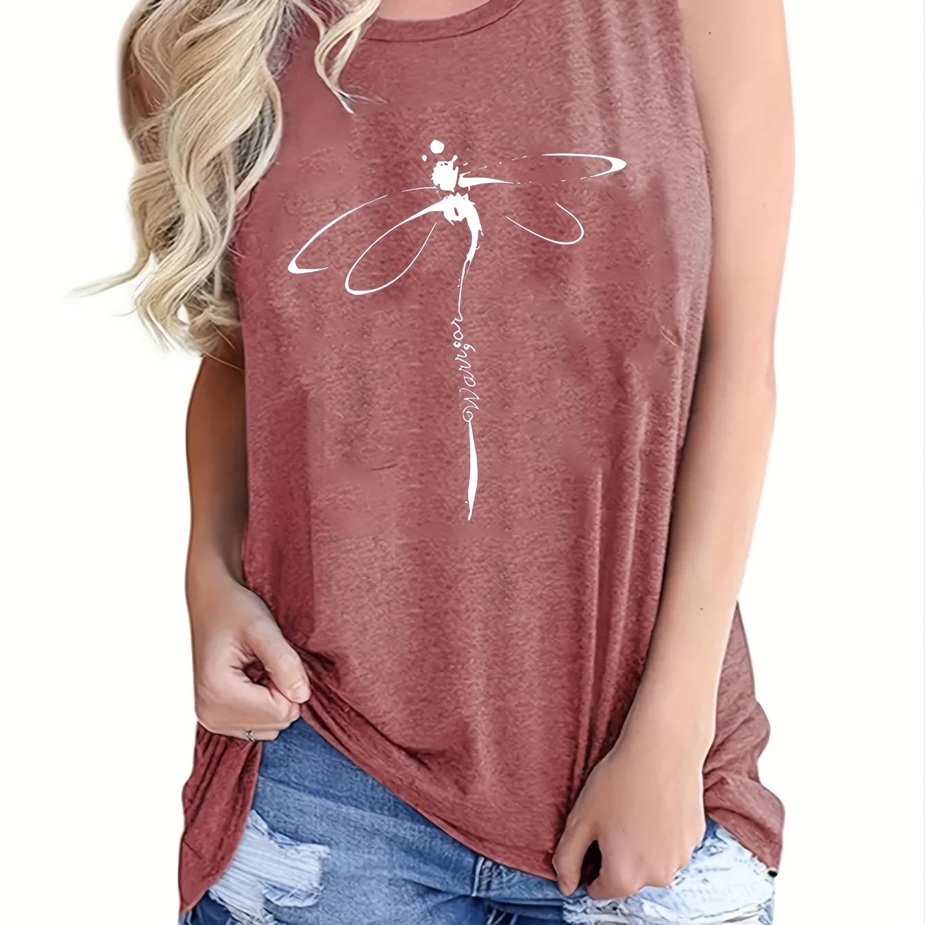 Dragonfly Print Tank Top, Casual Crew Neck Sleeveless Summer Tank Top, Women's Clothing