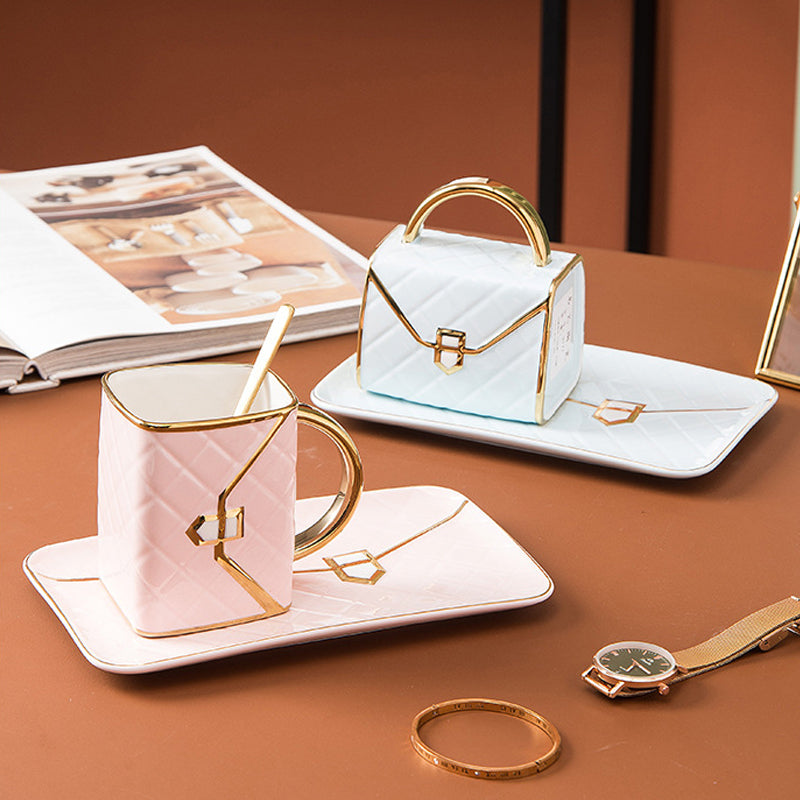 Creative Handbag Shaped Mug with Saucer and Spoon