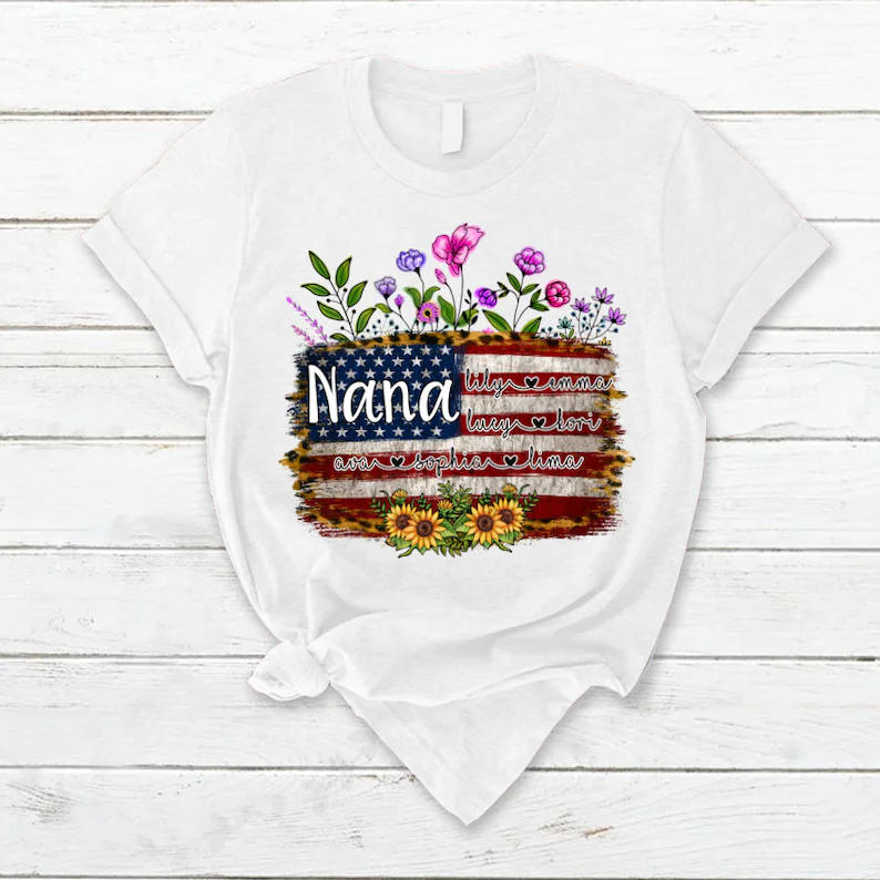 Personalized Grandma Shirt 4th of July Wildflower TShirt America Flag Custom Grandkid names Grandma Independence Day Shirt, Custom child