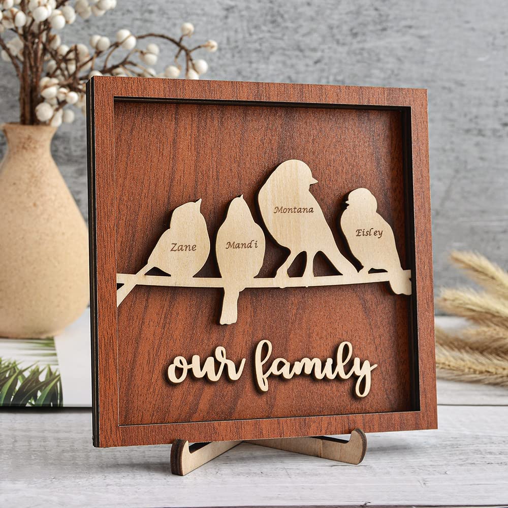 2 Names Personalized Family Tree Frame Wood Frame 2 Family Members Custom Text Bird Family Art Wooden Decor