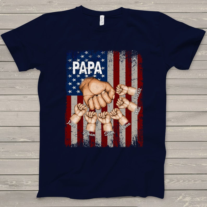 Personalized Papa Grandpa Shirt with Grandkids name Hands Flag T-Shirt