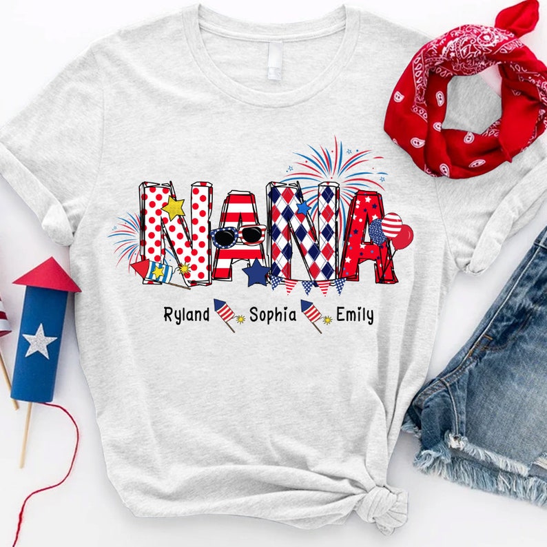 Personalized Nana T Shirt, Custom Grandma Shirt with Kids names shirt, Patriotic 4th of July Firecrackers Tee Shirt for Independence Day