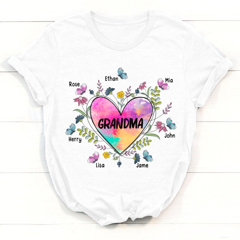 Personalized Grandma Shirt, Heart With Grandkids Flower Shirt