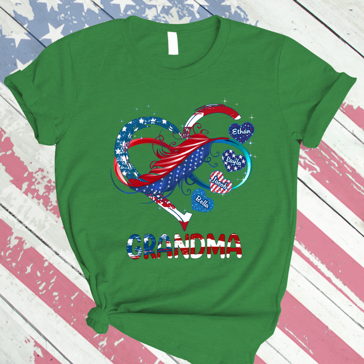 Grandma And Grandkids Hearts American Flag T-Shirt