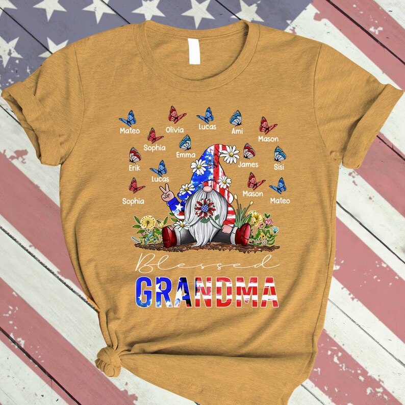 Personalized Grandma shirt, Gnome Nana Shirt 4th of July Shirt for Grandma Blessed Grandma With Grandkids Butterfly Falg Independence TShirt