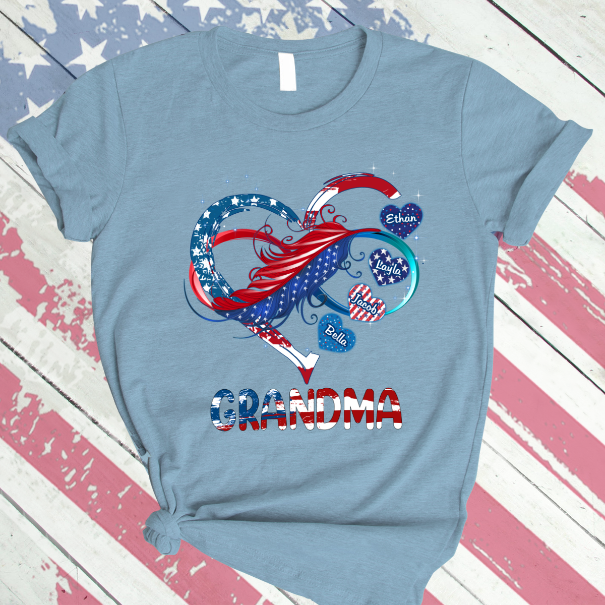 Grandma And Grandkids Hearts American Flag T-Shirt