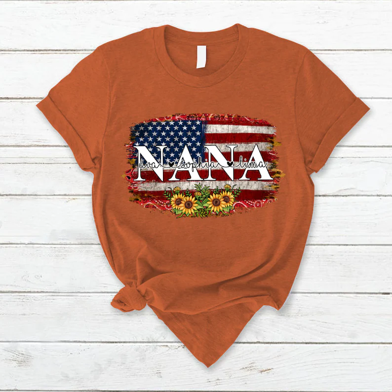 Personalized Vintage Nana Tshirt America Grandma 4th of July Shirt, America Lover Grandma with Custom Grandkid Independence Day, Custom Tee