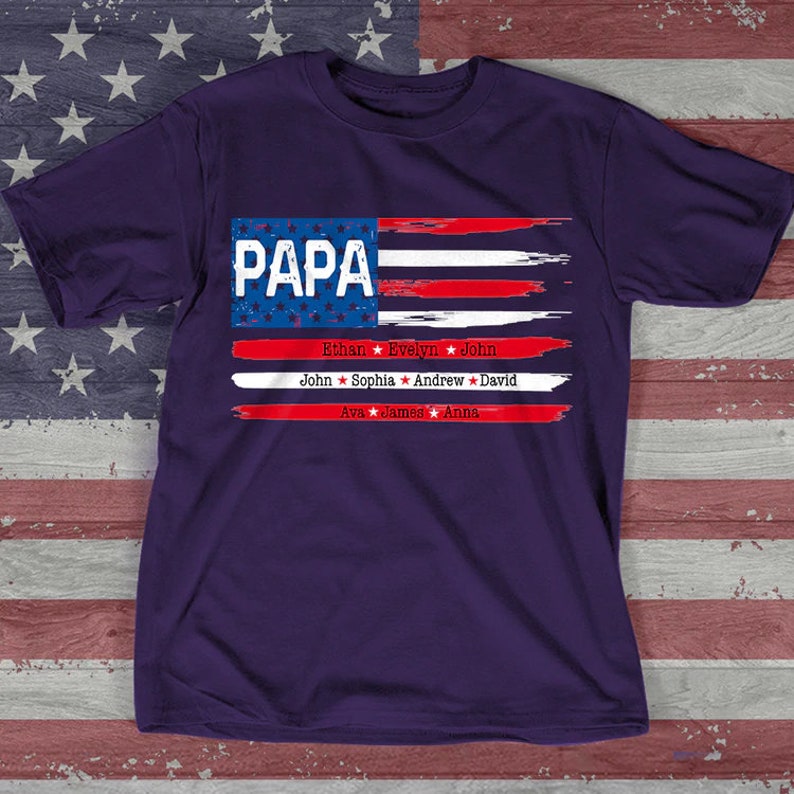 Personalized Papa Shirt Flag with grandkids, Happy Father's Day T-Shirt