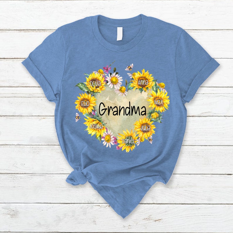 Personalized Grandma Shirt Hearts Sunflower T-Shirt with Custom Kidnames