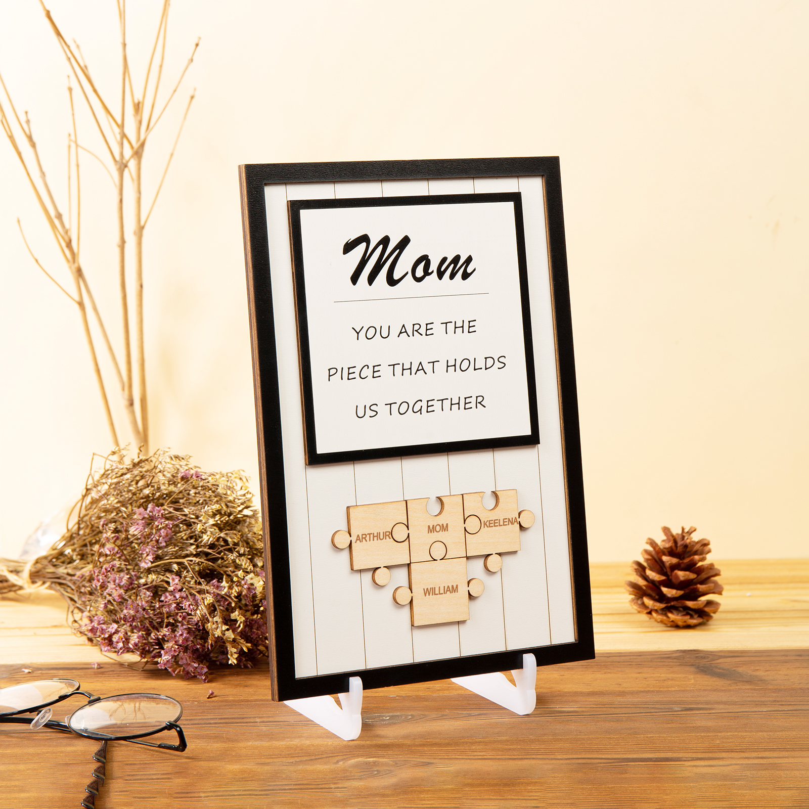 Personalized Mom Wooden Puzzle Sign Engraved with 9 Family Members, You Are the Piece That Holds Us All Together