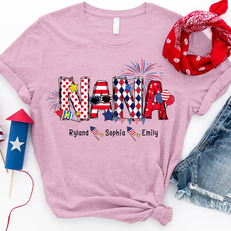 Personalized Nana T Shirt, Custom Grandma Shirt with Kids names shirt, Patriotic 4th of July Firecrackers Tee Shirt for Independence Day