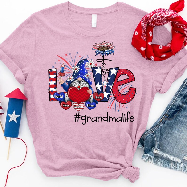 Personalized Grandma Shirt, Custom Gnomes Love Grandma Life Gnomes with Kid names, Grandma 4th of july Shirt Gnomes Tshirt, USA Gnomes Tee