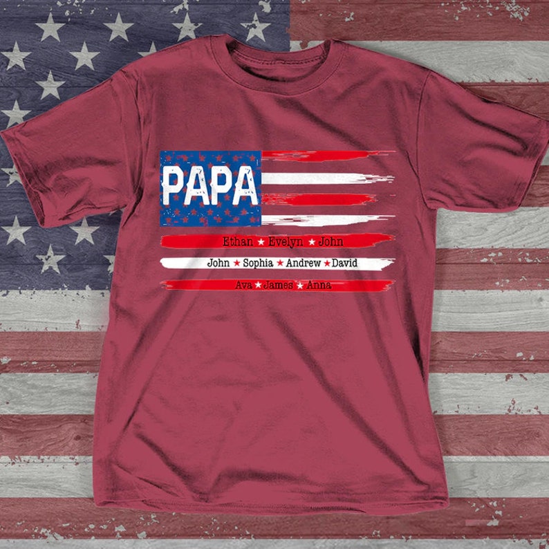 Personalized Papa Shirt Flag with grandkids, Happy Father's Day T-Shirt