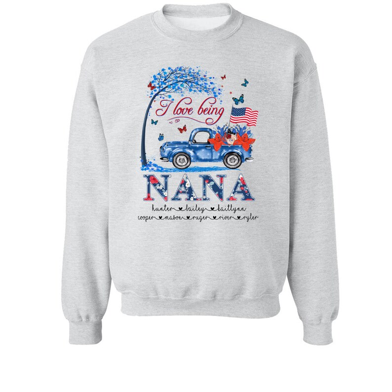 Personalized Grandma Sweatshirt USA Flag Flower, Custom names Grandma Truck Sweatshirt, Mimi Nana Sweatshirt, Blue Truck Custom Kiname Shirt