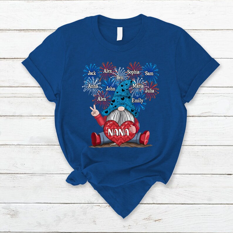 Personalized Grandma Nana Shirt Gnomes Firework Happy Independence Day T-Shirt, Nana Gnomes Tee for 4th of July up to 20 kids