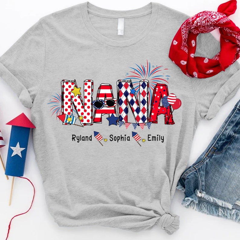Personalized Nana T Shirt, Custom Grandma Shirt with Kids names shirt, Patriotic 4th of July Firecrackers Tee Shirt for Independence Day