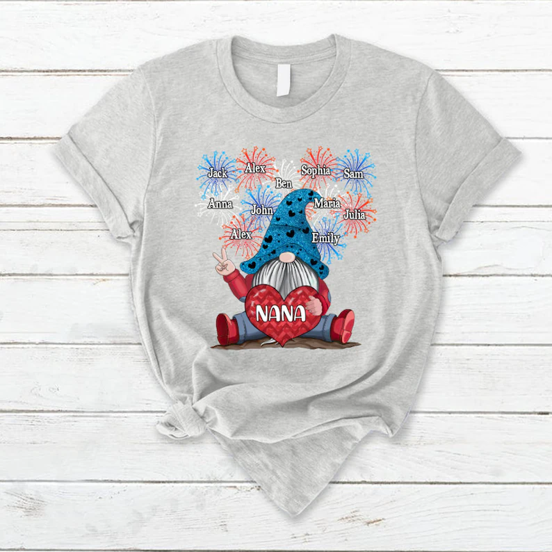 Personalized Grandma Nana Shirt Gnomes Firework Happy Independence Day T-Shirt, Nana Gnomes Tee for 4th of July up to 20 kids