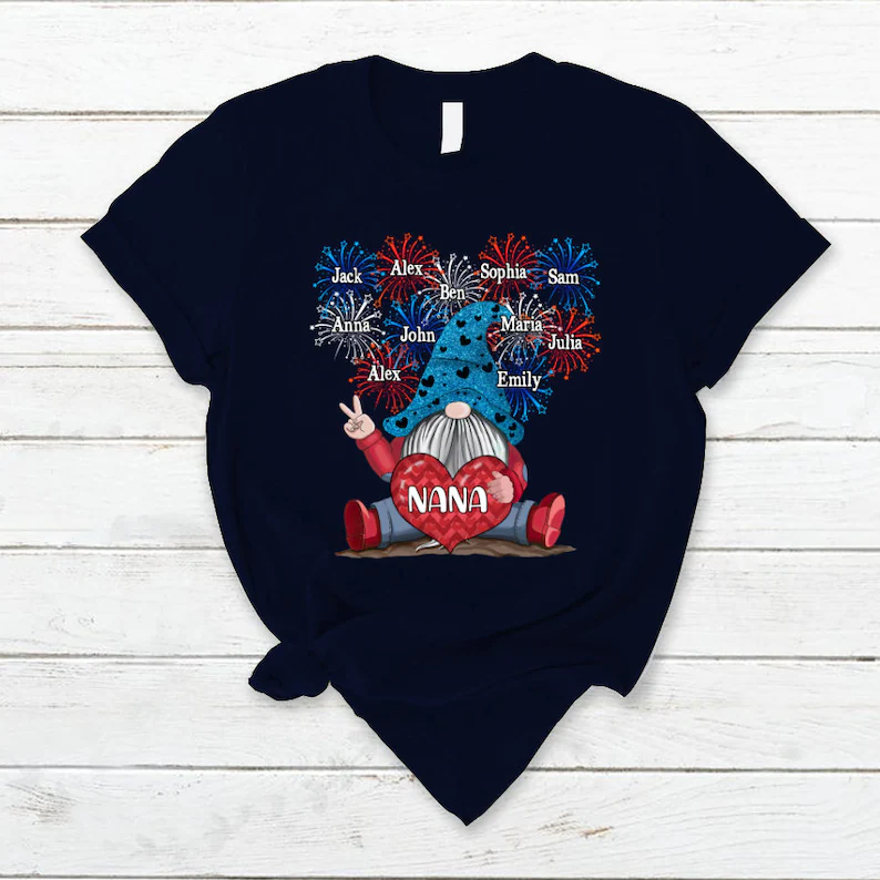 Personalized Grandma Nana Shirt Gnomes Firework Happy Independence Day T-Shirt, Nana Gnomes Tee for 4th of July up to 20 kids