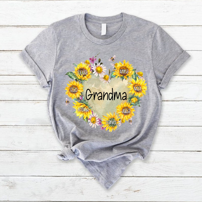 Personalized Grandma Shirt Hearts Sunflower T-Shirt with Custom Kidnames