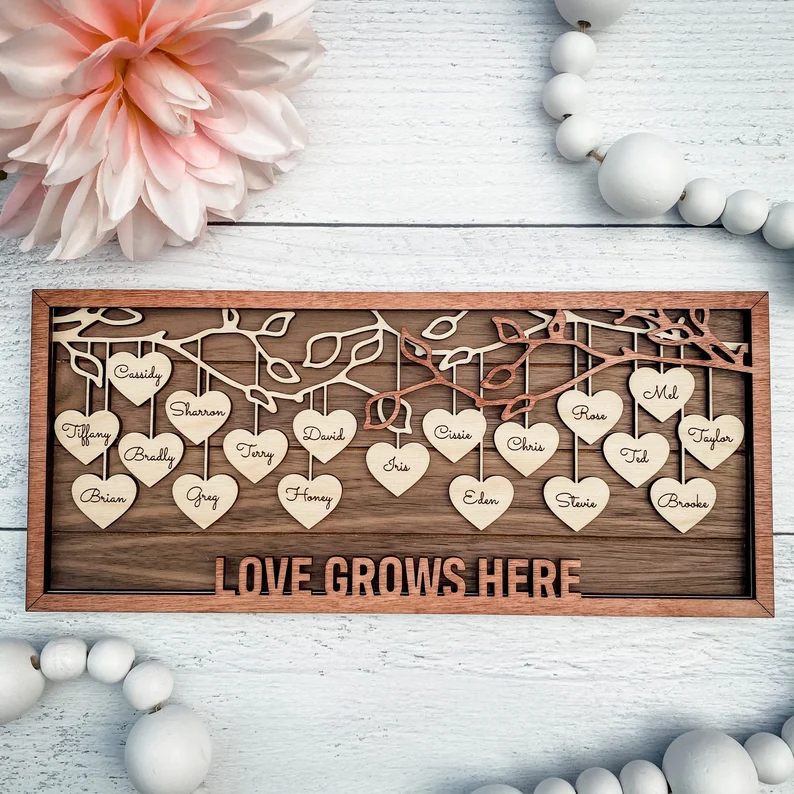 9 Names Family Tree Framed Sign Custom Wood Family Tree Sign - Hanging Hearts Family Tree