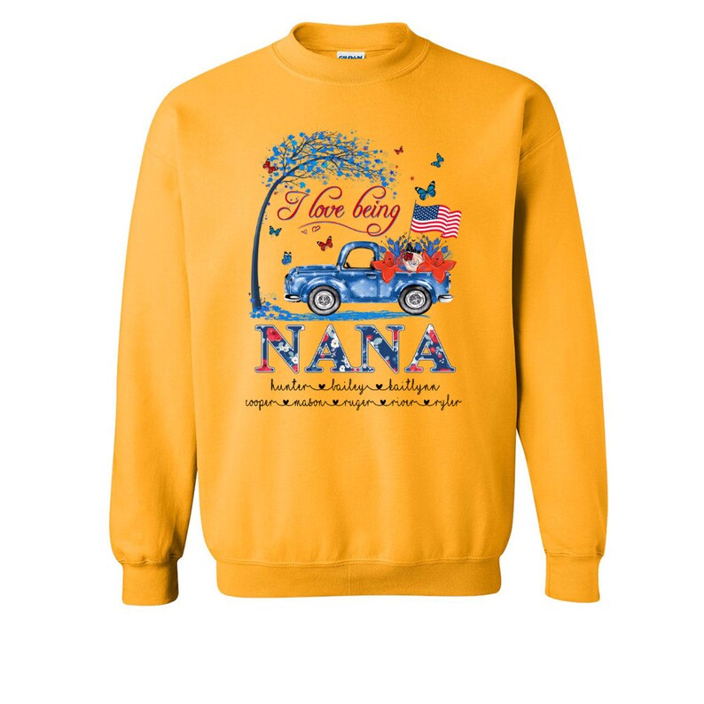 Personalized Grandma Sweatshirt USA Flag Flower, Custom names Grandma Truck Sweatshirt, Mimi Nana Sweatshirt, Blue Truck Custom Kiname Shirt