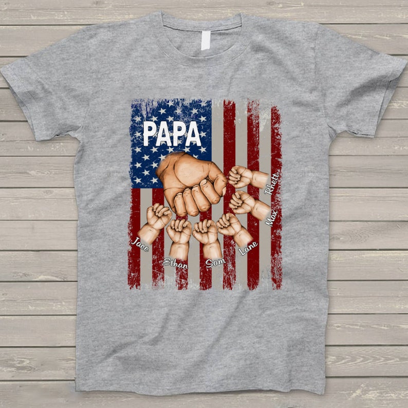 Personalized Papa Grandpa Shirt with Grandkids name Hands Flag T-Shirt