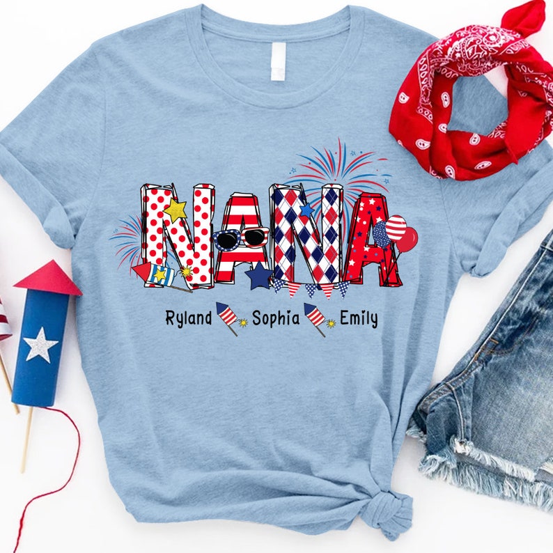 Personalized Nana T Shirt, Custom Grandma Shirt with Kids names shirt, Patriotic 4th of July Firecrackers Tee Shirt for Independence Day