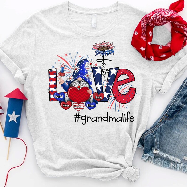 Personalized Grandma Shirt, Custom Gnomes Love Grandma Life Gnomes with Kid names, Grandma 4th of july Shirt Gnomes Tshirt, USA Gnomes Tee
