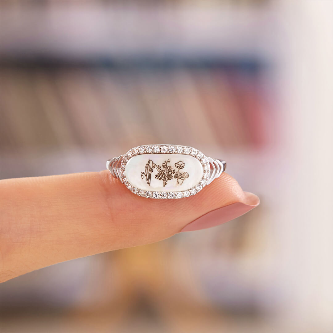 S925 ENGRAVED BIRTH MONTH FLOWERS SHELL RING