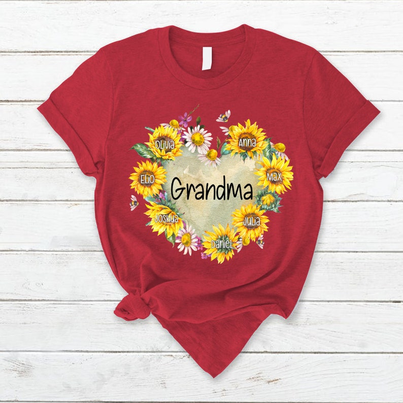Personalized Grandma Shirt Hearts Sunflower T-Shirt with Custom Kidnames