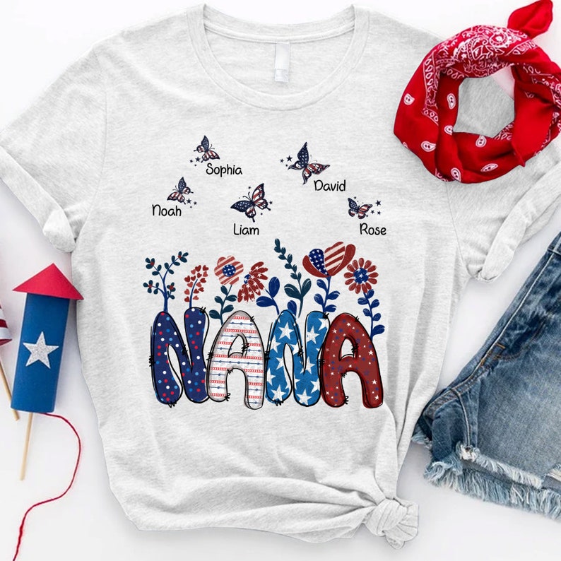 Personalized Nana Shirt, Custom 4th of july Nana with butterfly grandchild names